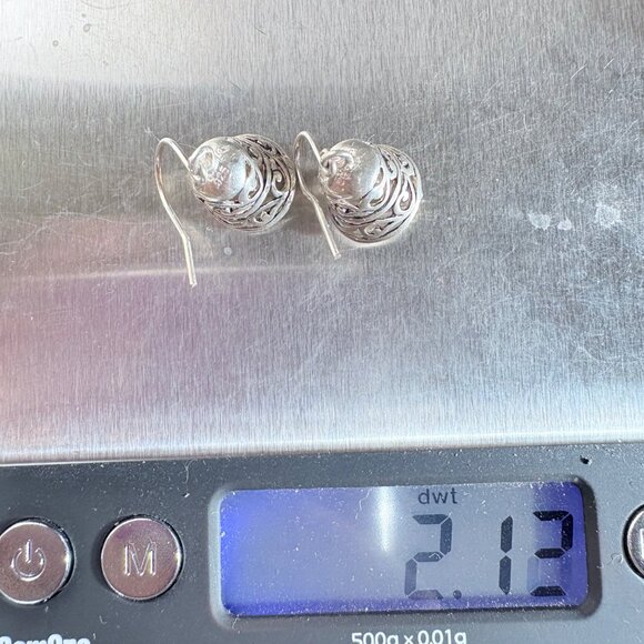 VTG Sterling Silver 925 Scroll Design Bell Dangle Earrings Size 0.75" Length - Picture 8 of 9